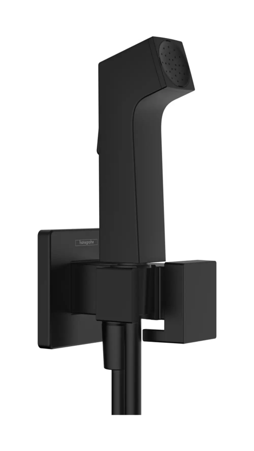 Schwarze Handbrause von Hansgrohe mit einem geraden, ergonomischen Griff. Der Halter ist an einer Wand montiert. Geeignet für Kaltwasseranwendungen.